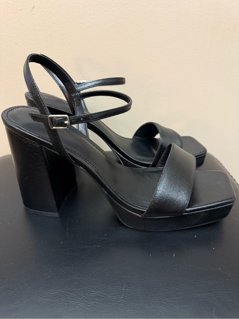 Open Edit Black Platform Block Heel Sandal with Ankle Strap